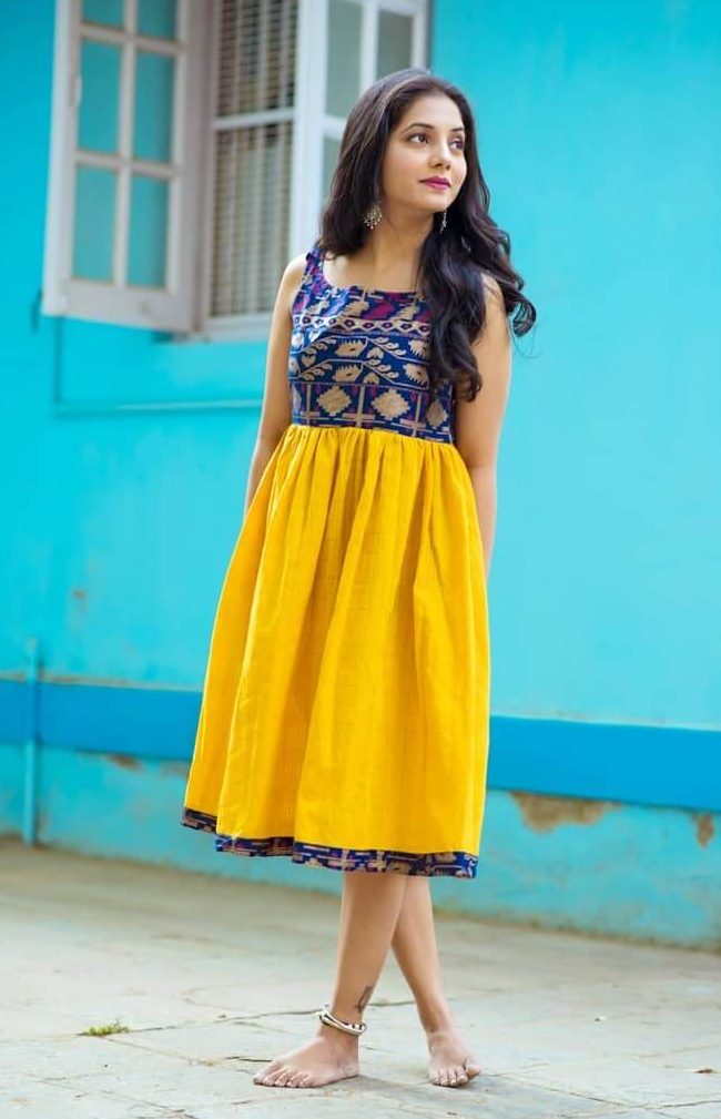 Sayali Sanjeev Look Pretty In Blue & Yellow Print Cotton Dress Outfit