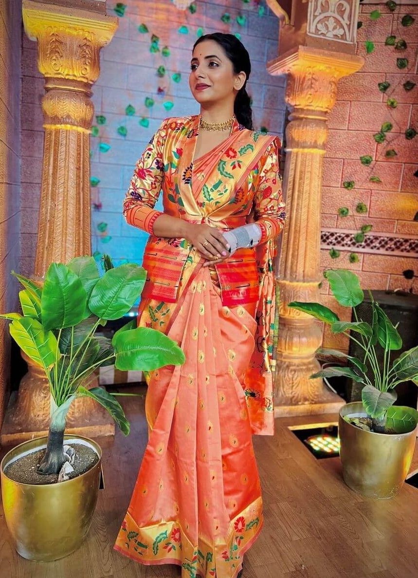 Sayali Sanjeev Sets Her Style Bar High In a Golden & Orange Silk Saree Paired With Golden Silk Zari Woven Jacket