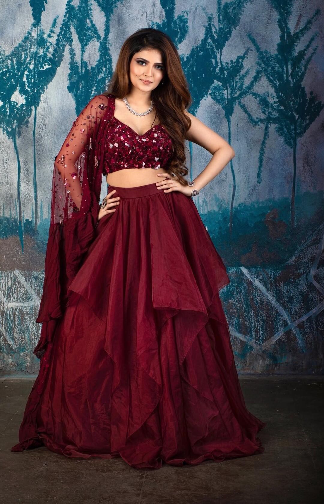 Shirin Kanchwala In Maroon Ruffle Skirt With Sequined Designer Blouse & Dupatta