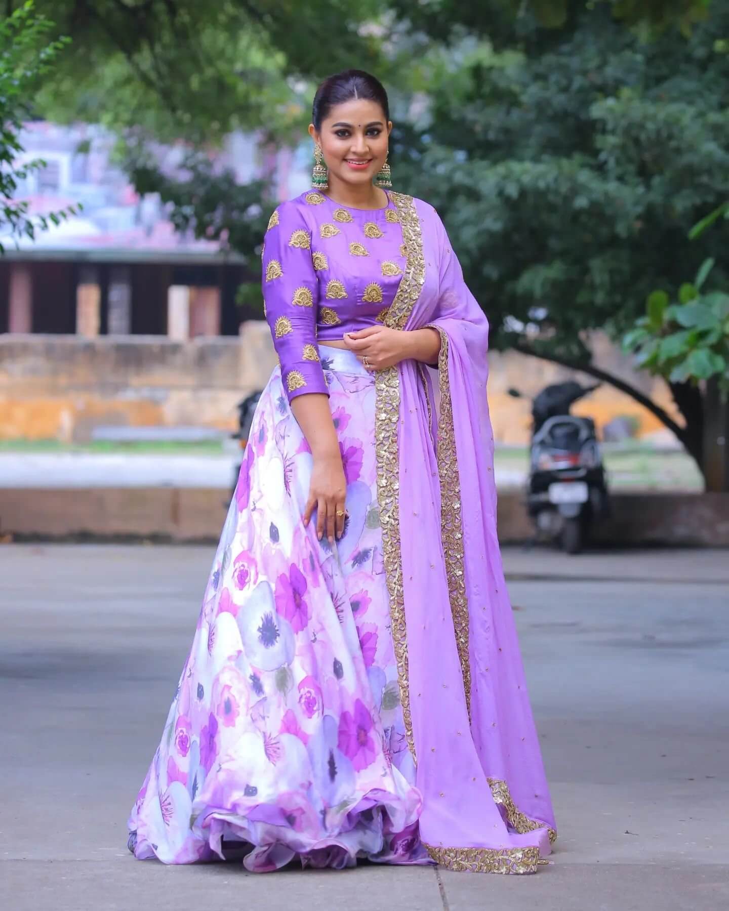Sneha In  White & Purple  Floral Print Lehenga Paired With Purple Blouse & Dupatta