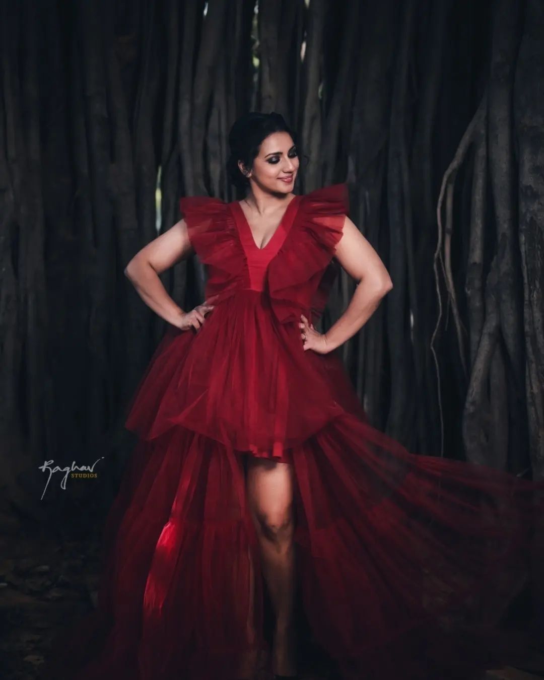 Sruthi Hariharan In Deep Red V-Neck Ruffle Gown Gives Us Princess Vibes