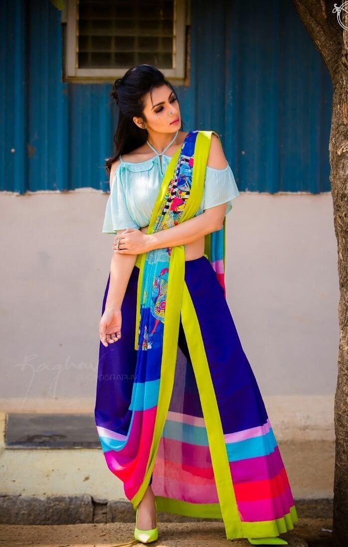 Sruthi Hariharan Set the Bars High In Multicolour Printed Saree With Aqua Blue Off Shoulder Top