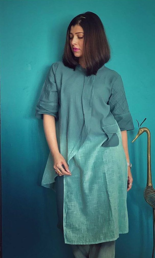 Tejaswini Pandit Simple Yet Stylish Look In Double Shade Teal Blue Kurta Outfit