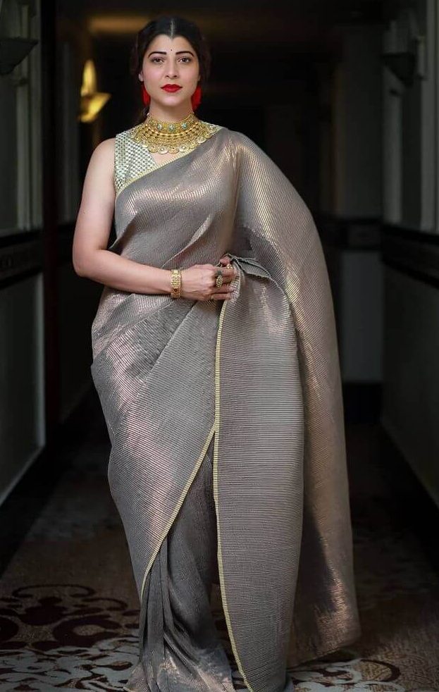 Tejaswini Pandit Stunning Look In Silver Accordion Pleated Silk Saree With Heavy Gold Choker Necklace