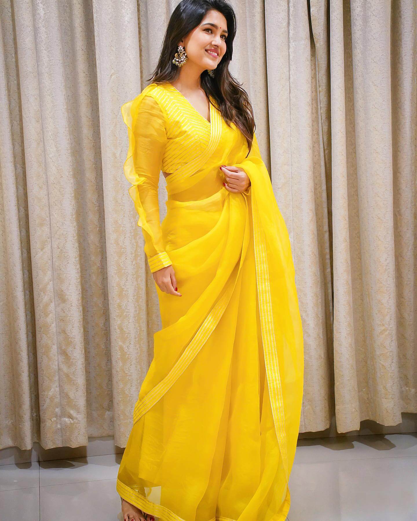 Vani Bhoja In Bright Yellow Orgenza Silk Saree With Designer Ruffle Full Sleeves  Blouse
