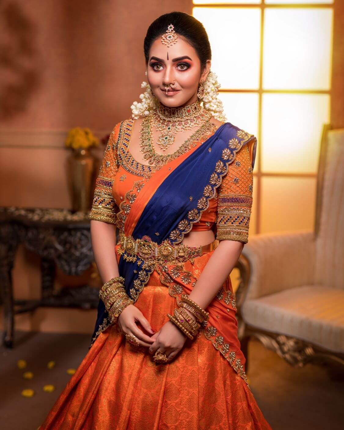 Vidya Pradeep Look Beautiful In Orange & Blue Lehenga With Gold Jewellery Can Be Your Dreamy Bridal Look