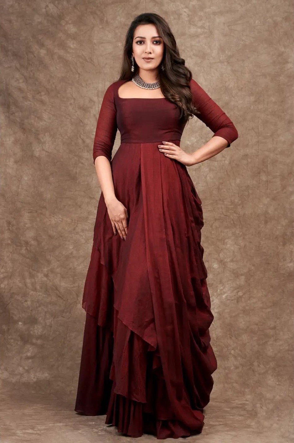 Catherine Tresa In Maroon Gown Stylish Outfits Look