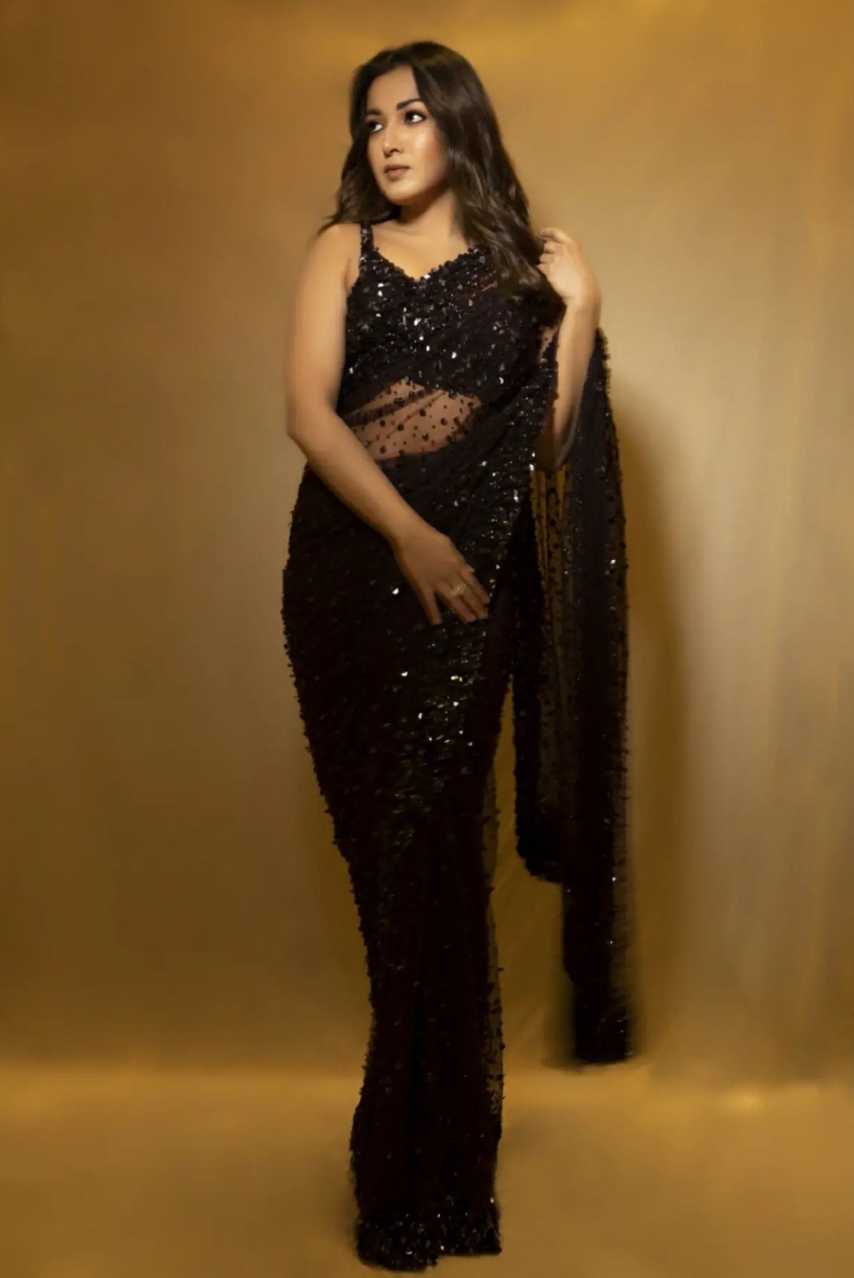Catherine Tresa Look Hot In Black Sequined Net Saree With Blouse