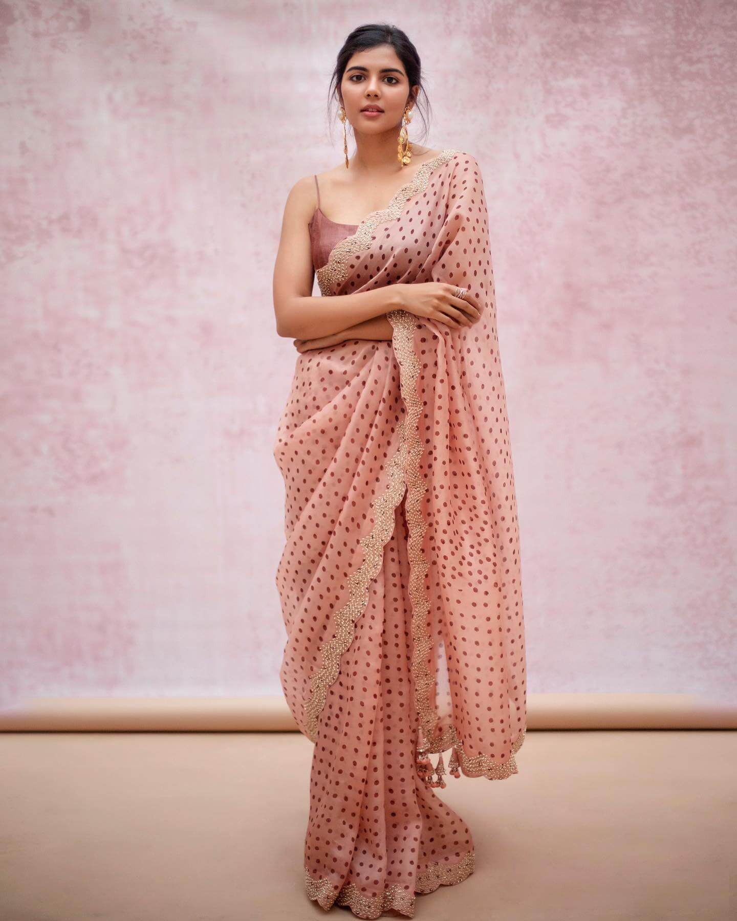 Kalyani Priyadarshan Chic Outfits Looks In Beige Polka Dot Saree Paired With Noddle Strip Blouse