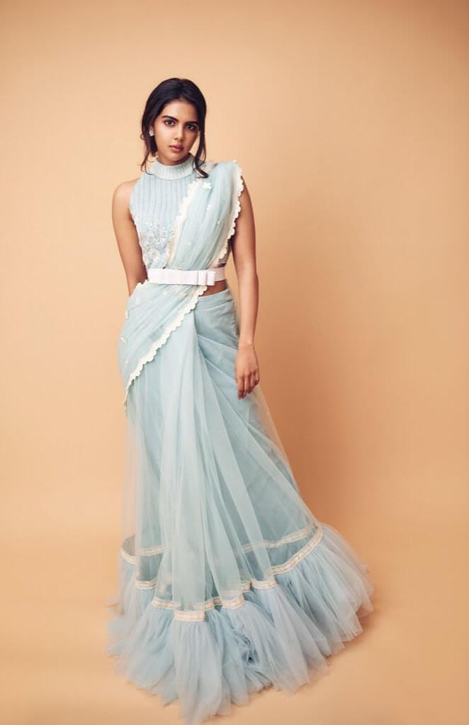 Kalyani Priyadarshan Dapper Look In Light Blue Ruffle Net Saree With High Neck Blouse Styled With Belt