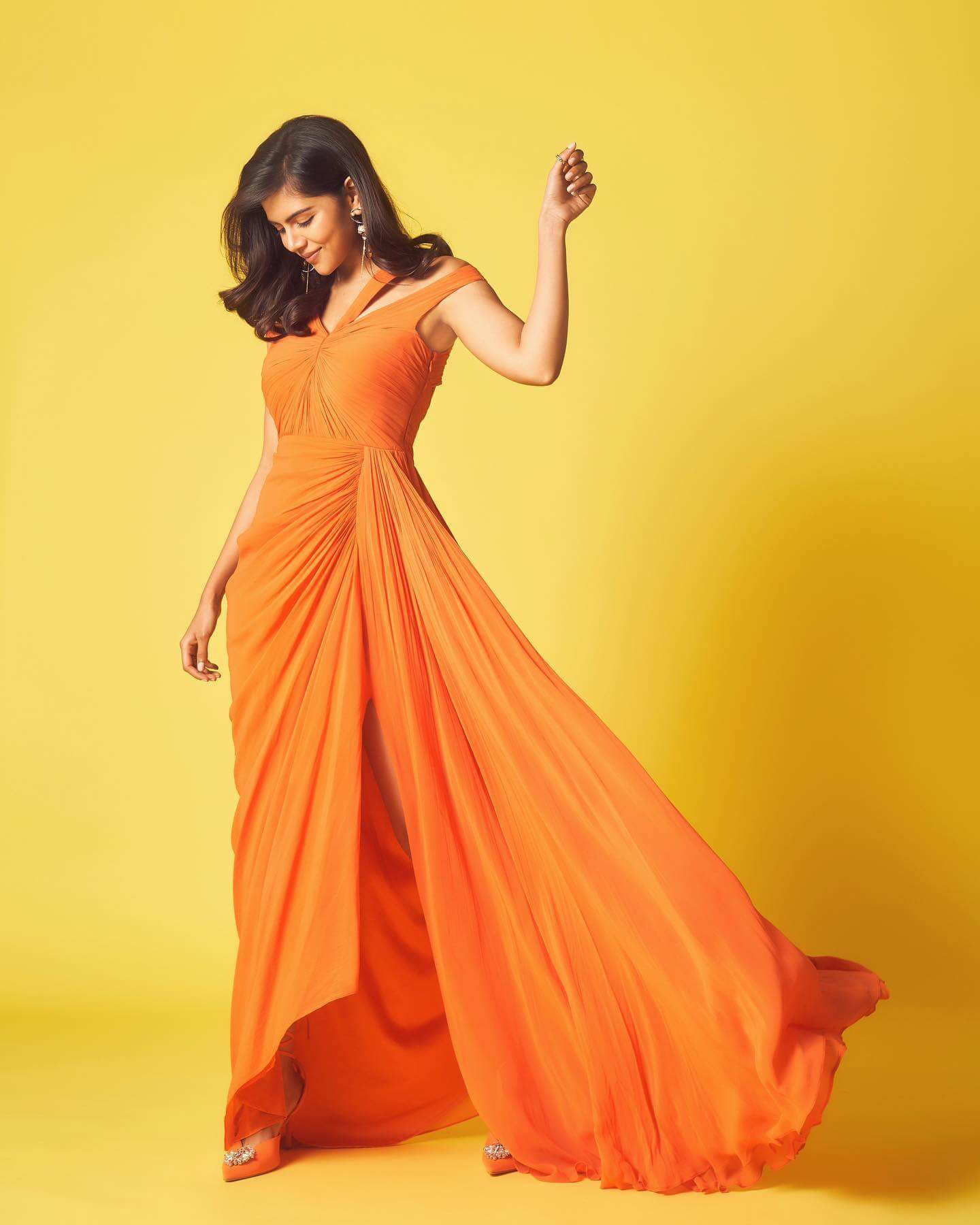 Kalyani Priyadarshan In Orange Embellished Draped Couture High Slit Gown