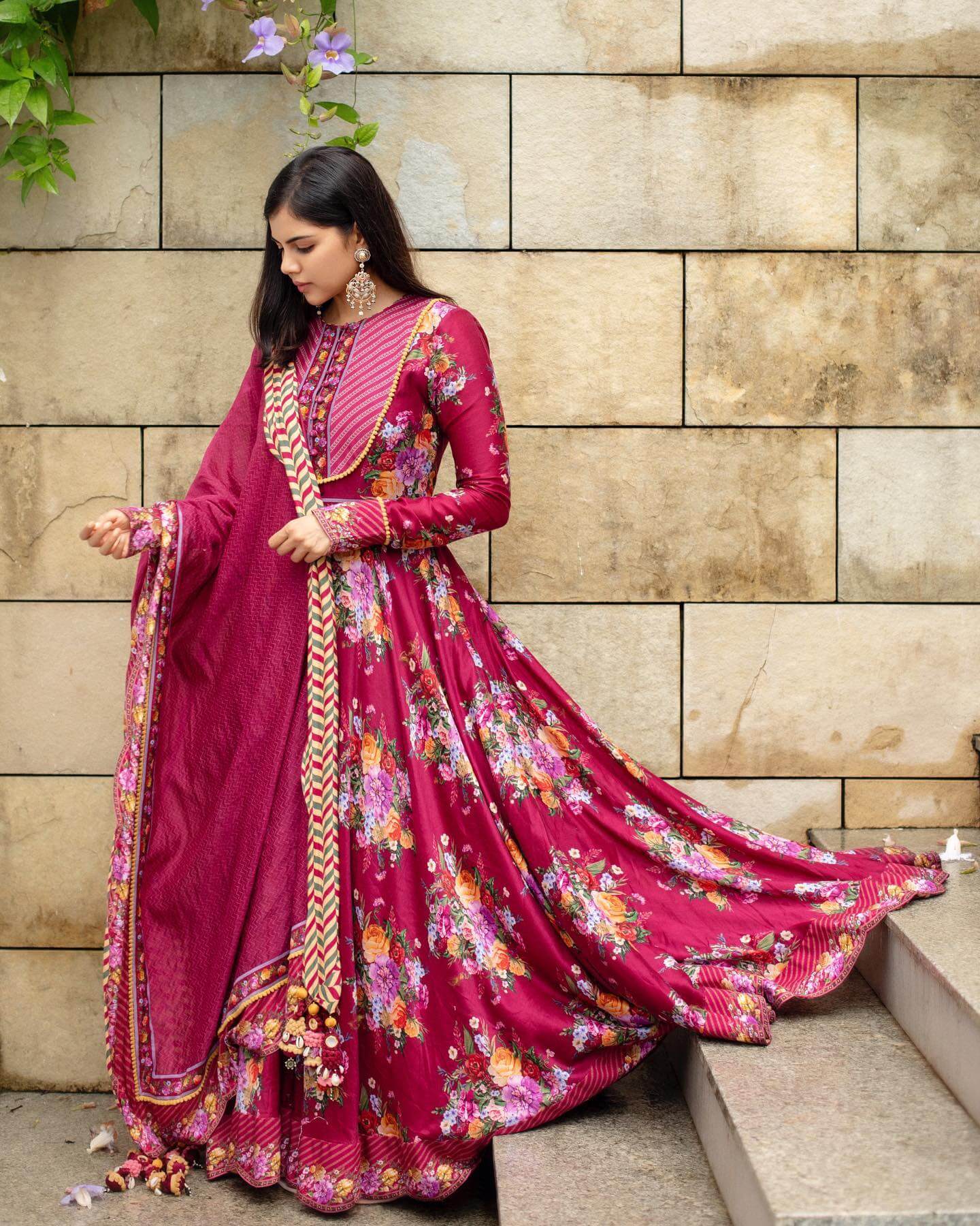 Kalyani Priyadarshan In Wine Floral Print Full Sleeves Suit Set Outfits looks