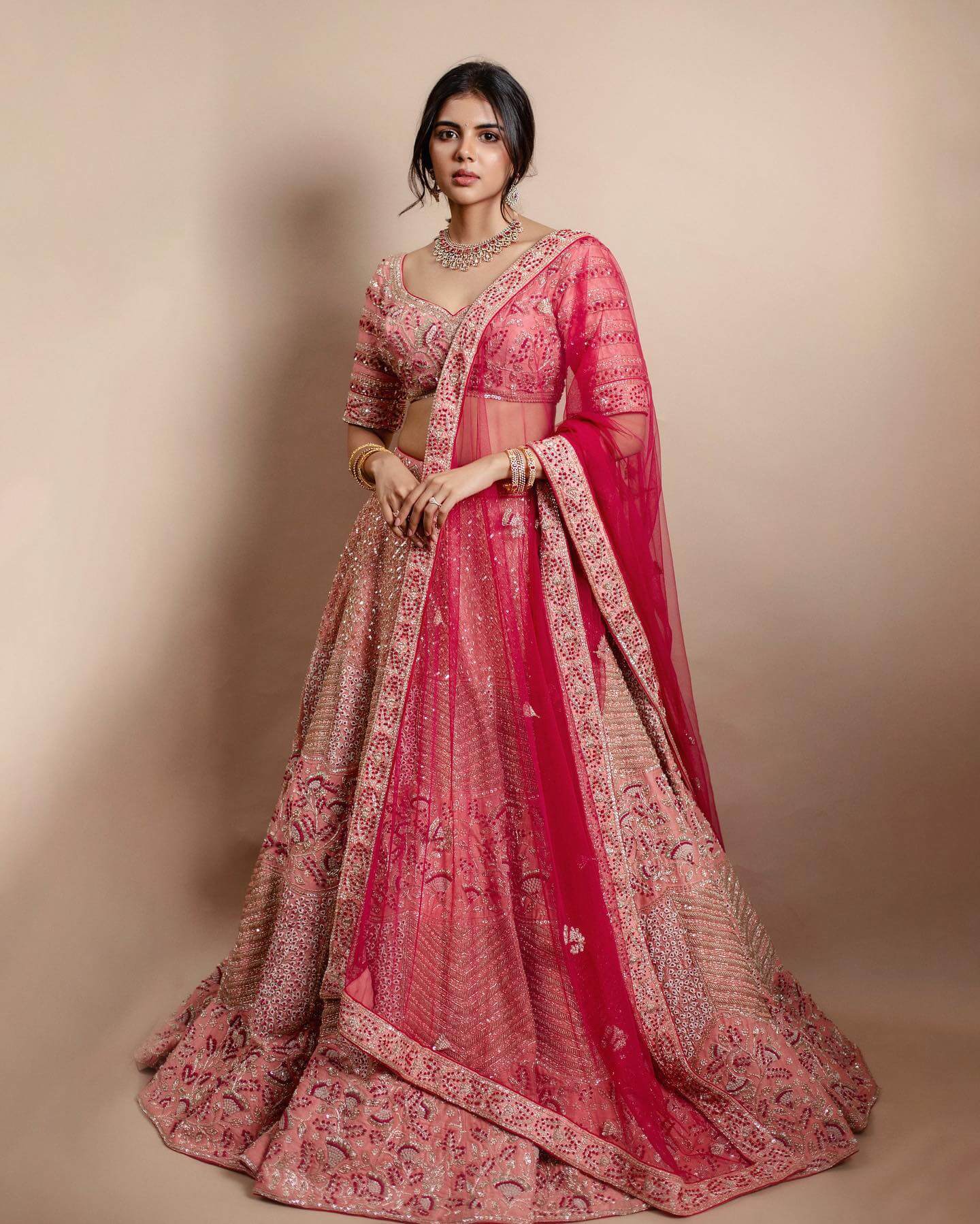 Kalyani Priyadarshan Splendid Outfits Looks In Pink Embroidered Lehenga