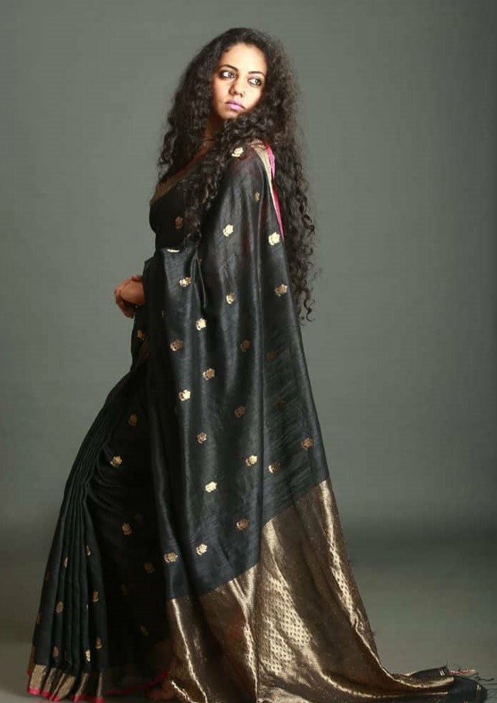 Neha Joshi In Black Silk Saree With  Open Curly Hair Hairstyle Desi & Western Outfits & Looks