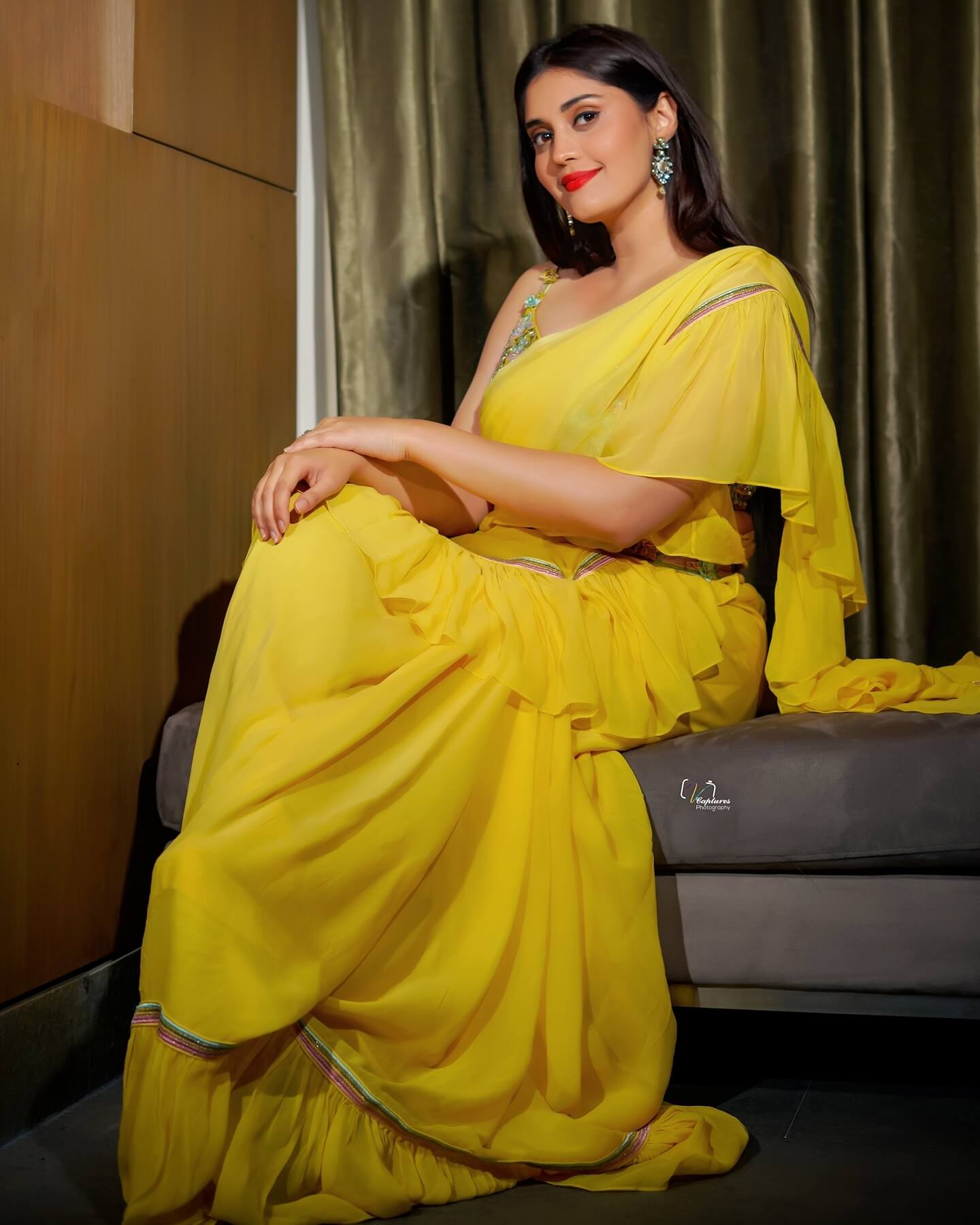 Surbhi Puranik In Yellow Solid Ruffle Saree