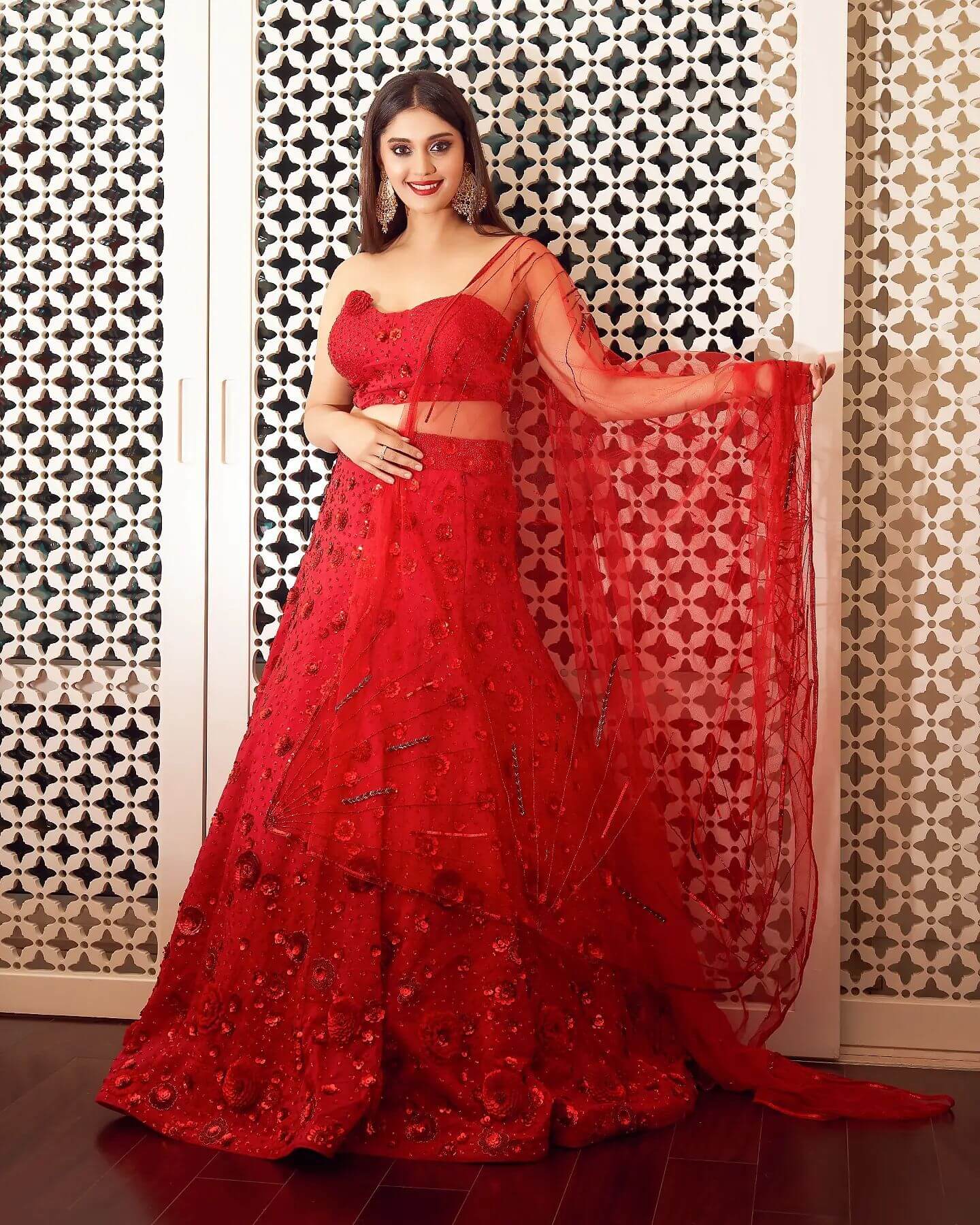 Surbhi Puranik Look Beautiful In Red Off-Shoulder Sweetheart Neck Lehenga