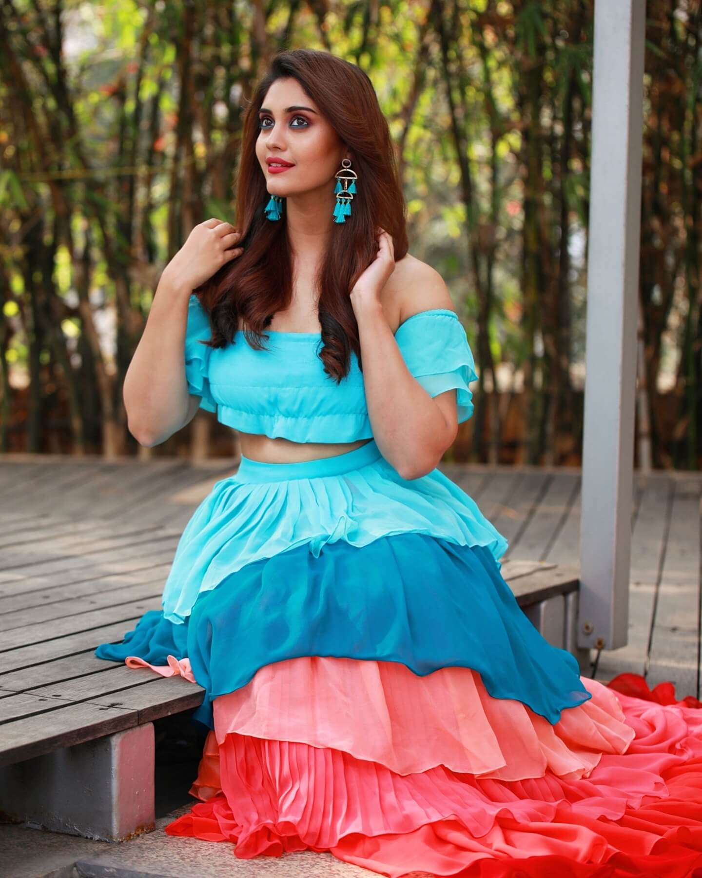 Surbhi Puranik Vibrant & Peppy Look In Blue & Peach Multilayer Skirt Paired With Blue Off-Shoulder Crop Top