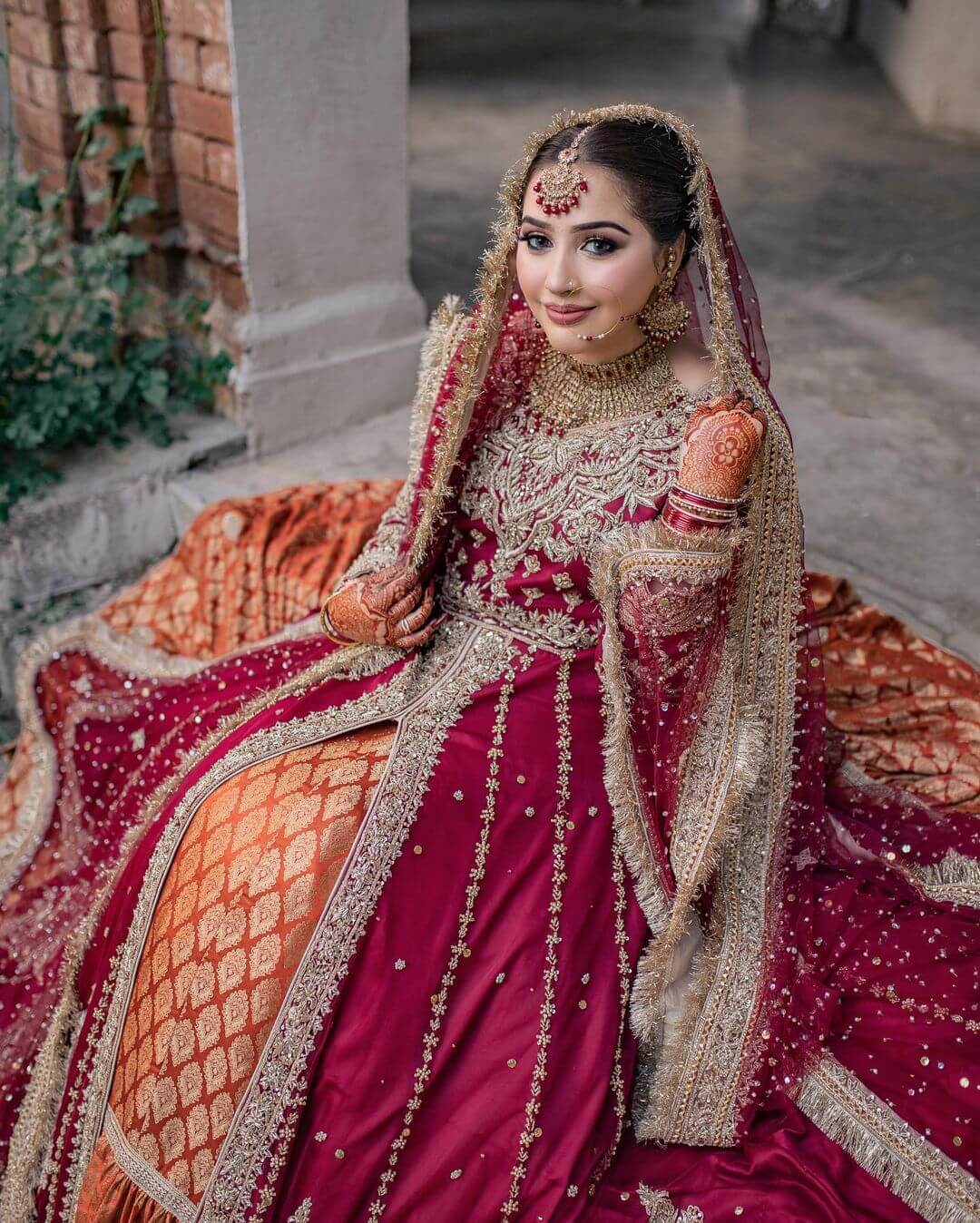 A Royal Look for the Muslim Bride: Maroon Anarkali with Tangerine Lehenga and Dupatta