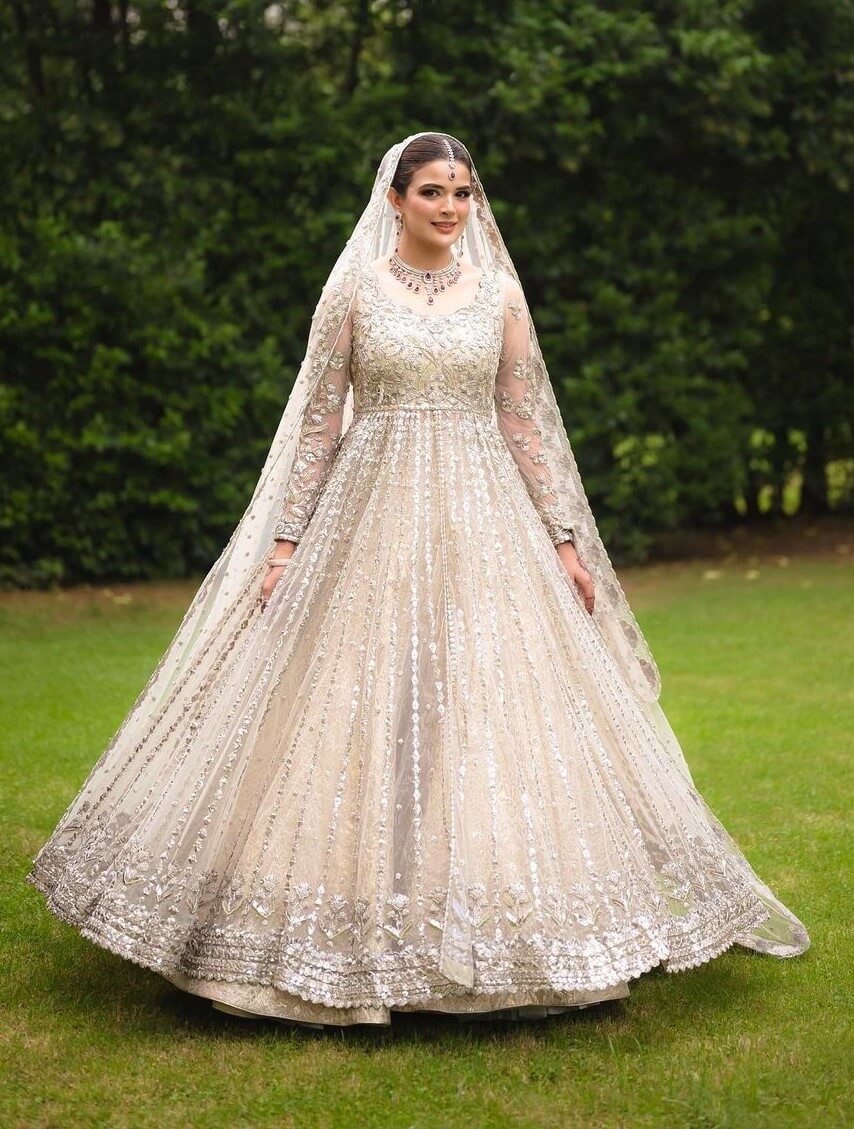 A Stunning White Bridal Look with Exquisite Zardozi Embroidery