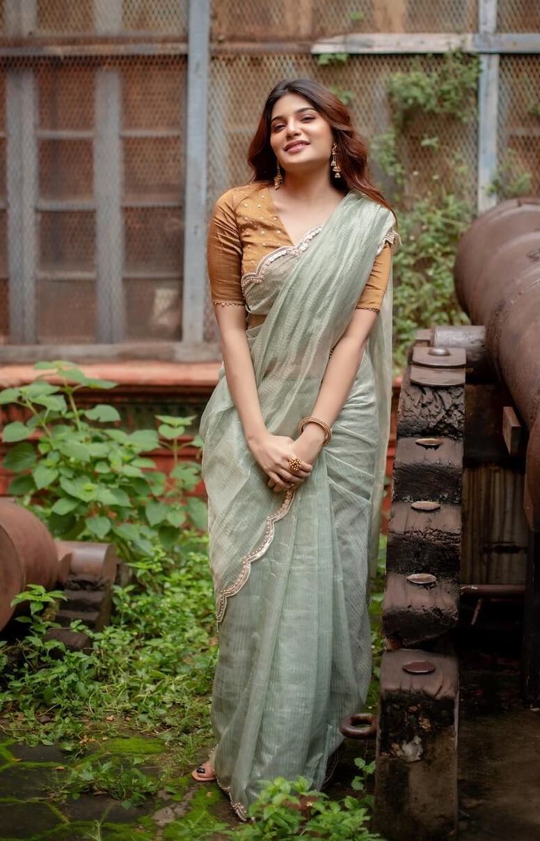 Aathmika Elegant Look In Light Green Saree Paired With Yellow Blouse