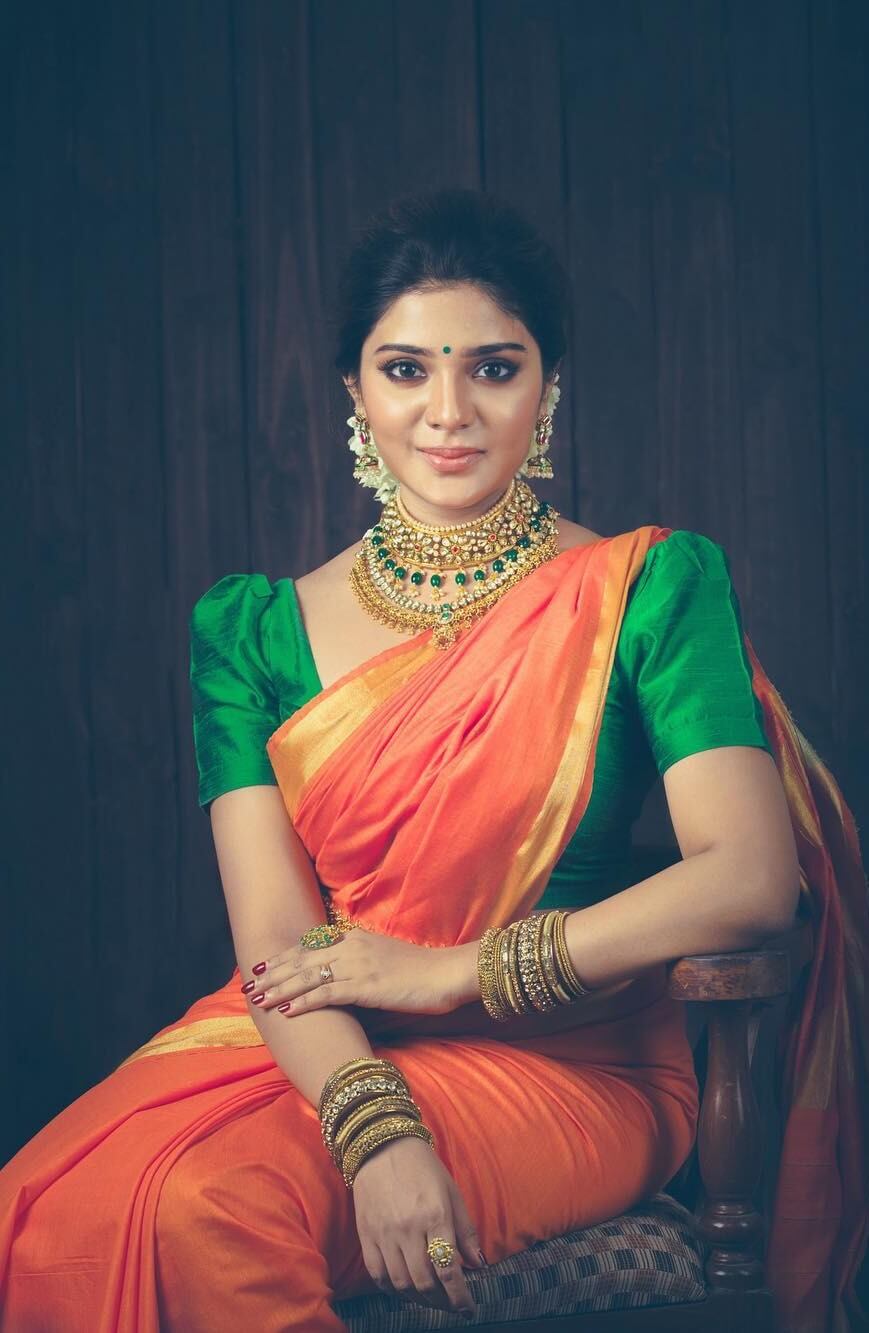 Aathmika In Orange Saree & Green Blouse Paired With  Kundan Jewellery