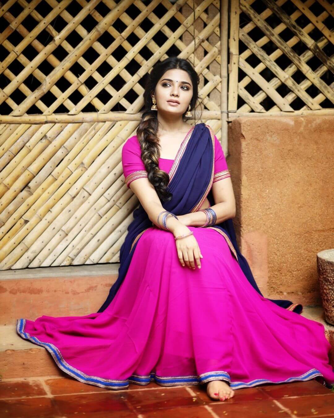Aathmika In Pink Ghaghra & Choli With Purple Dupatta