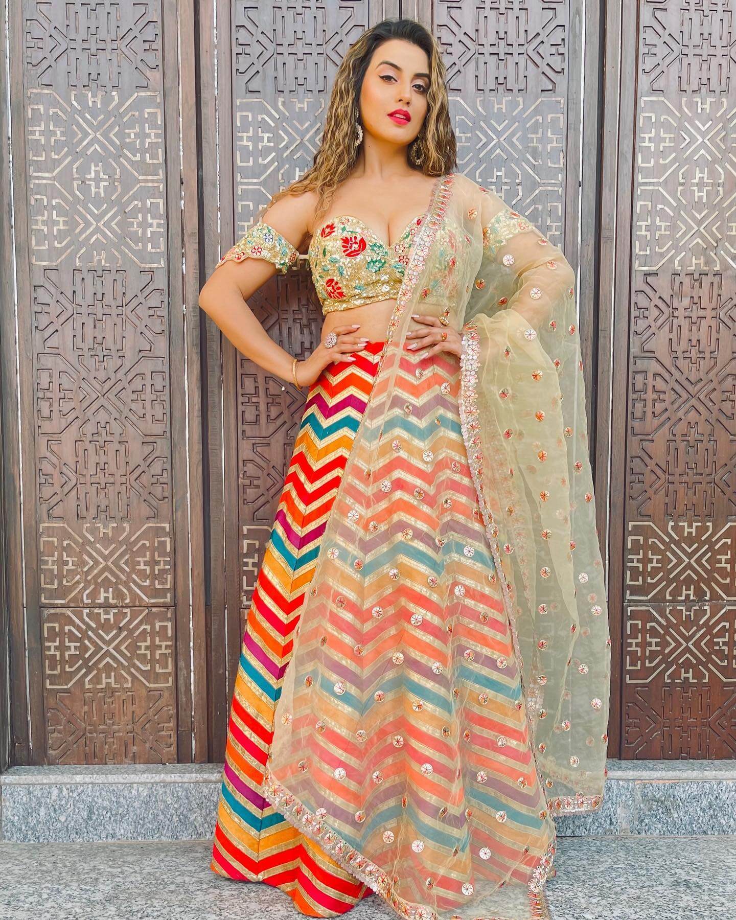 Akshara Singh Slutry Look  In Multi-Color Lehenga Set With Embroidered Deep Neckline Blouse