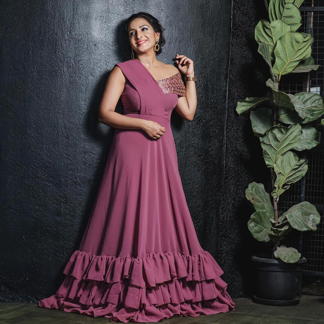 Alphy Panjikaran In Mauve One Side Off Shoulder Ruffle Gown Can Be Your Evening Party Look