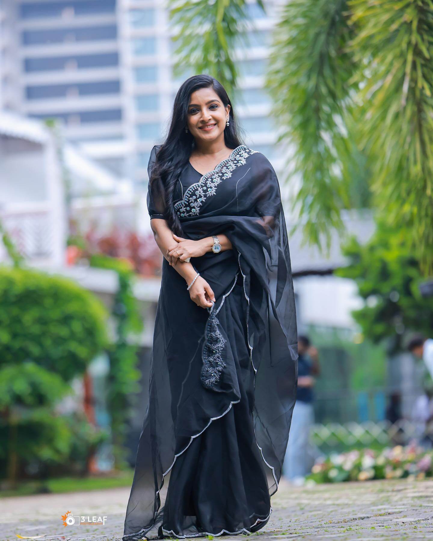 Alphy Panjikaran In Sheer Black Embroidered Saree With Puffed Black Sleeves Blouse