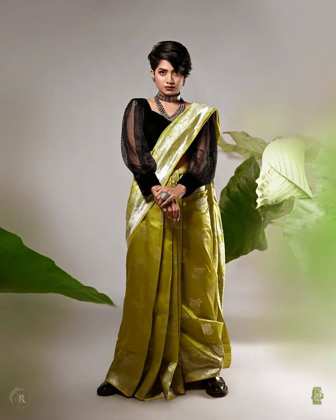 Anarkali Marikar Dapper Look In Green Saree With Black Full Puffed Sleeves Blouse Styled With Black Shoes