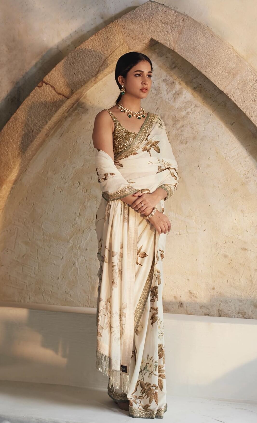 Andala Rakshas Fame Lavanya Tripathi In Classy Off White Printed Saree With Glittery Golden Sleeveless Blouse