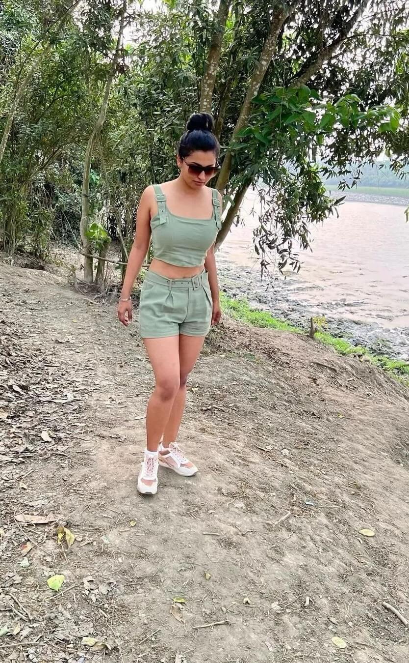 Anicka Vikraman  In Olive Crop Top With Shorts With White Sneakers Perfect Summers Safari Look