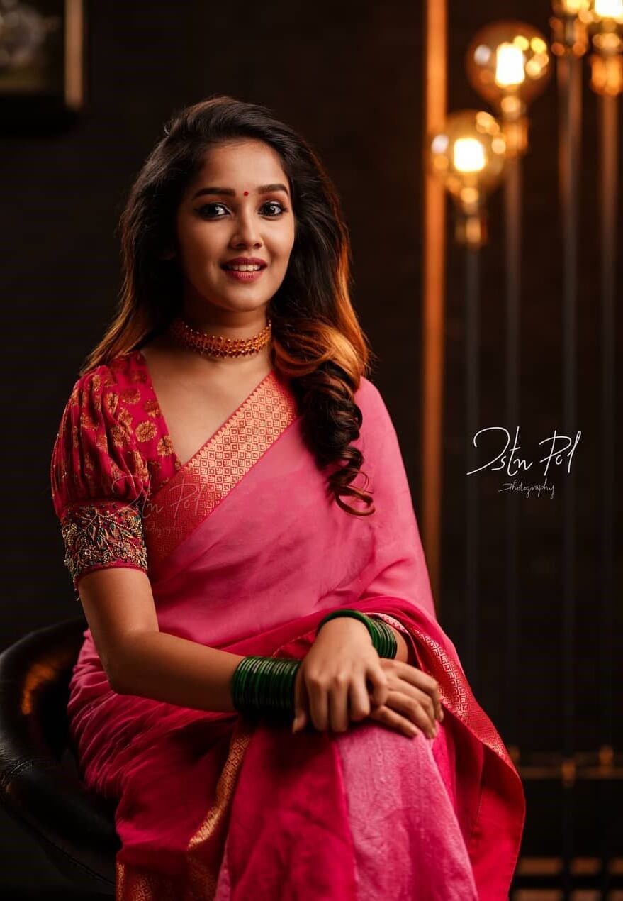 Anikha Surendran Look Beautiful In Pink Silk Saree Paired With Pink Puffed Sleeves Blouse