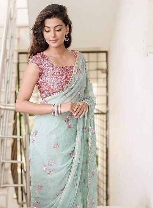 Anisha Ambrose In Light Bluer Saree With Pink Shimmery Blouse Look Flawless