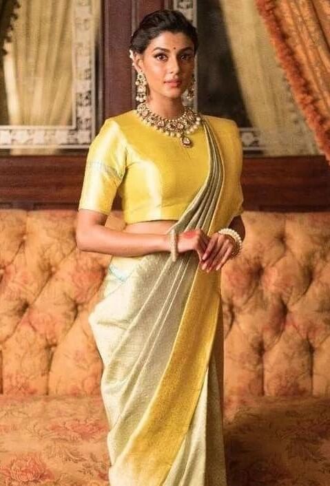 Anisha Ambrose Look Heavenly Beautiful In  Ombre & Yellow Silk Saree With Solid Full Neck Blouse & Beautiful Kundan Neckpiece