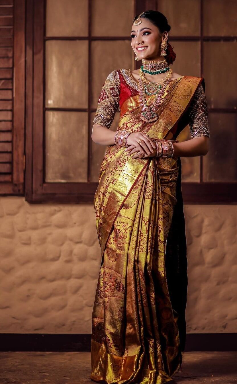 Anukreethy Vas Look Breathtakingly Beautiful In Maroon & Golden Banarsi Silk Saree With Embellished Maroon Blouse & Heavy Jewellery Set Perfect South Bridal Look