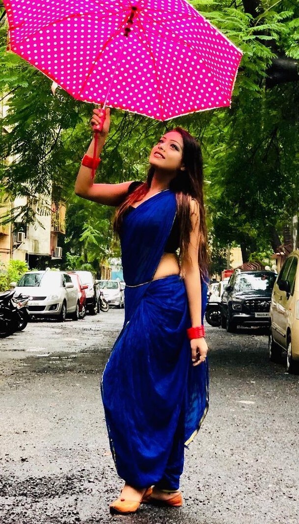 Archana Prajapati In Blue Saree With Sleeveless Blouse