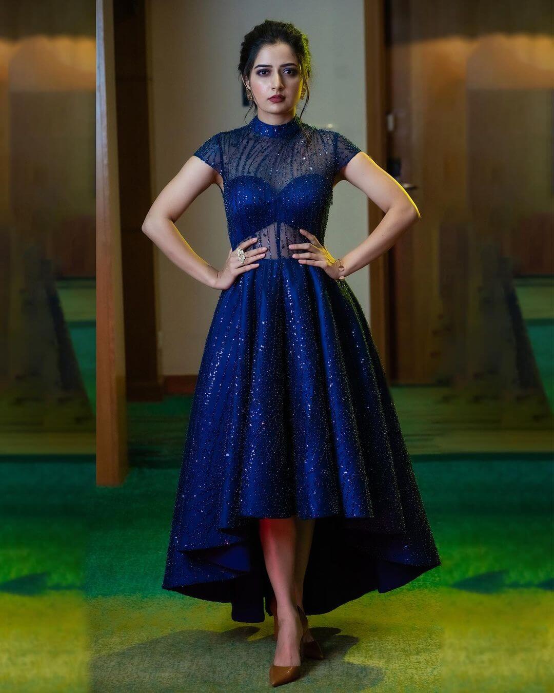 Ashika Ranganath Dazzling Look In Blue Glittery Dress