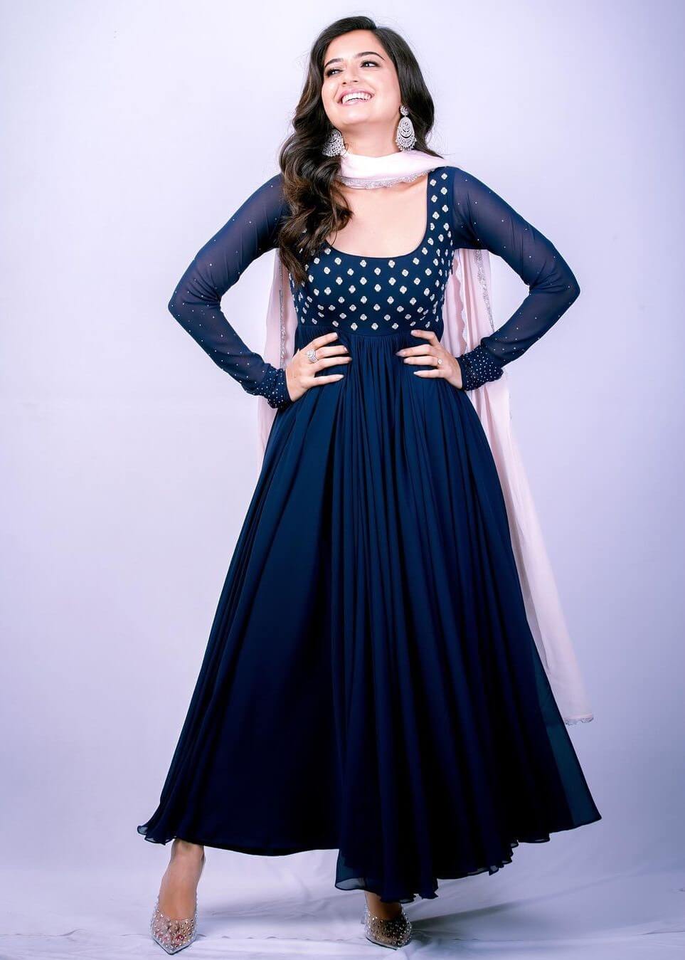 Ashika Ranganath In Blue Full Sleeves Frock Suit Set