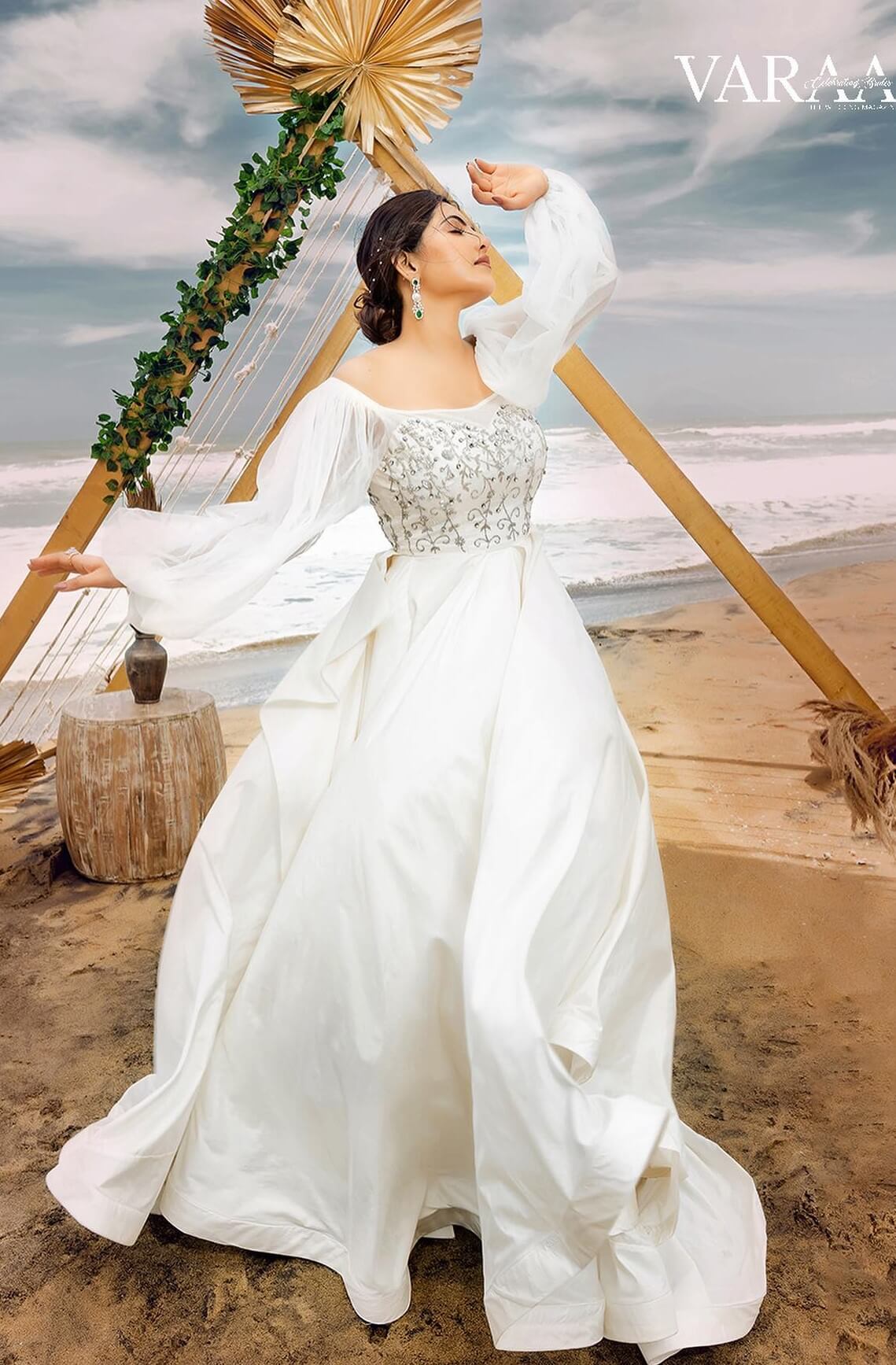 Athulya Ravi Exquisite Look In White Fit & Flare Puffed Full Sleeves Gown