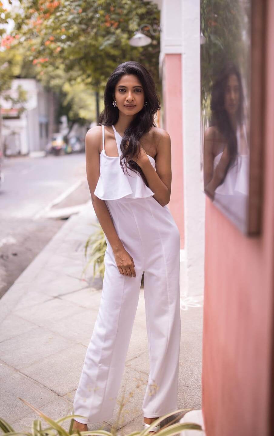 Beautiful Keerthi Pandian In White One Shoulder Chic Jumpsuit
