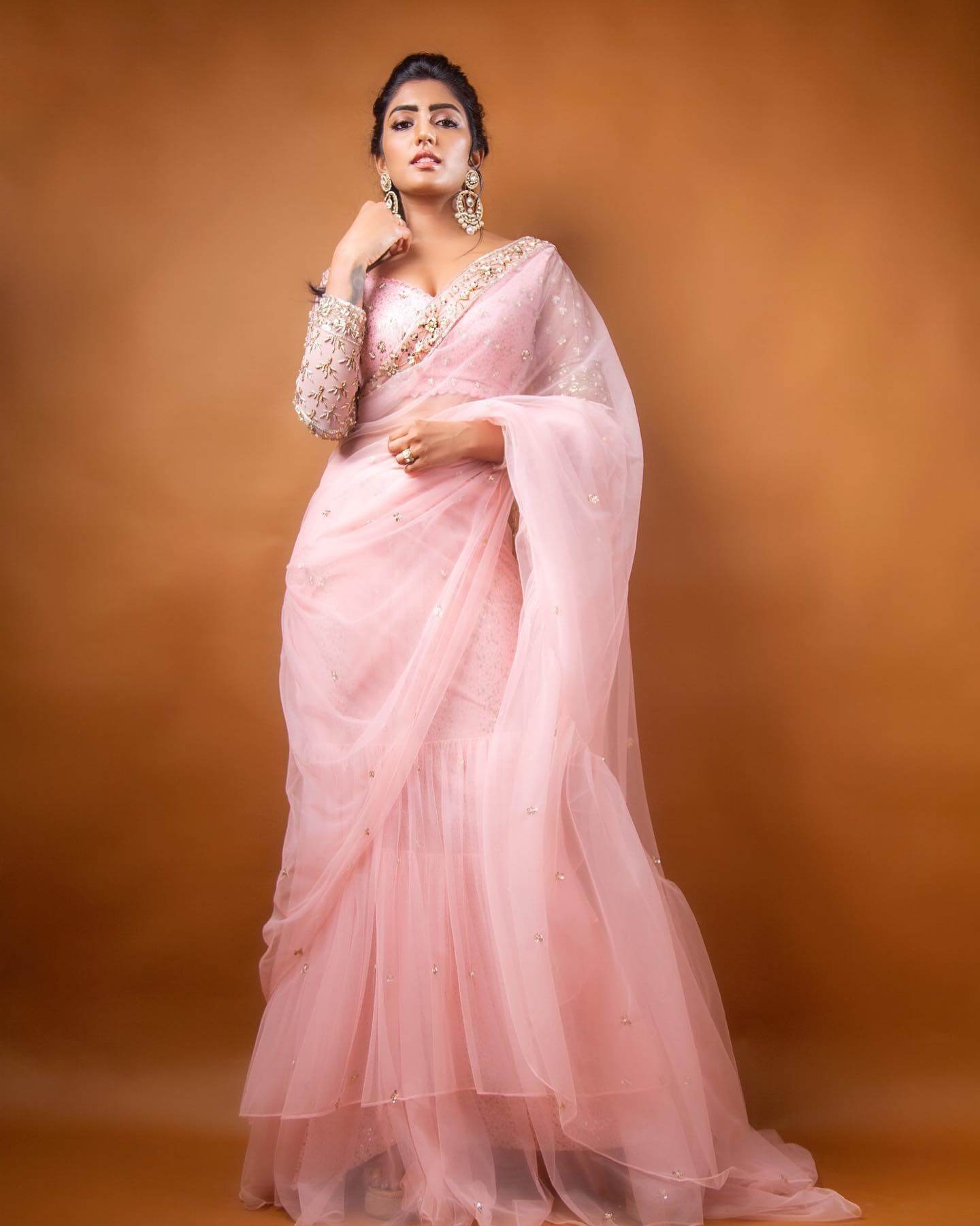 Eesha Rebba Wearing Ashwini Reddy Dreamy Peach Ruffle Saree Perfect For Indian Cocktails