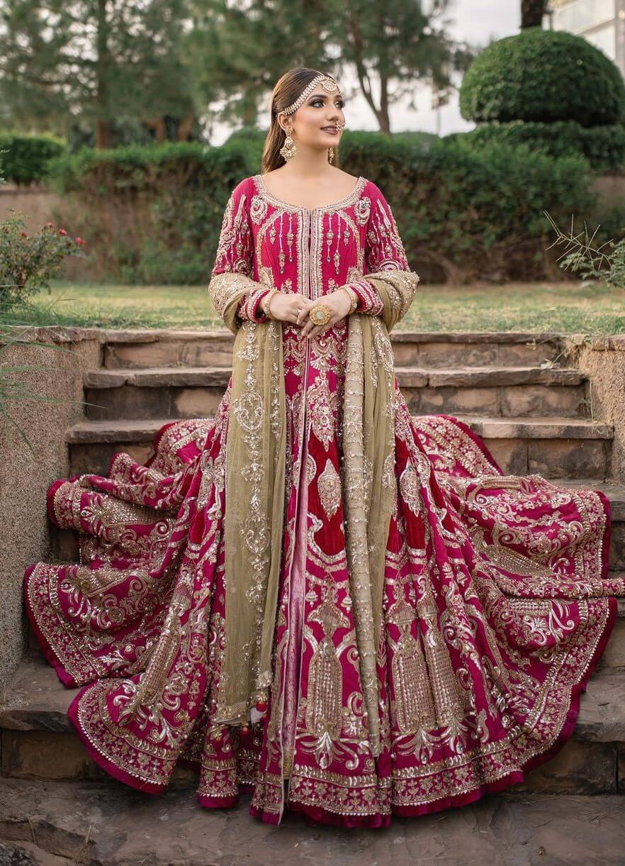 Exquisite Dark Pink Muslim Bridal Anarkali with Dramatic Frames and Embellishments