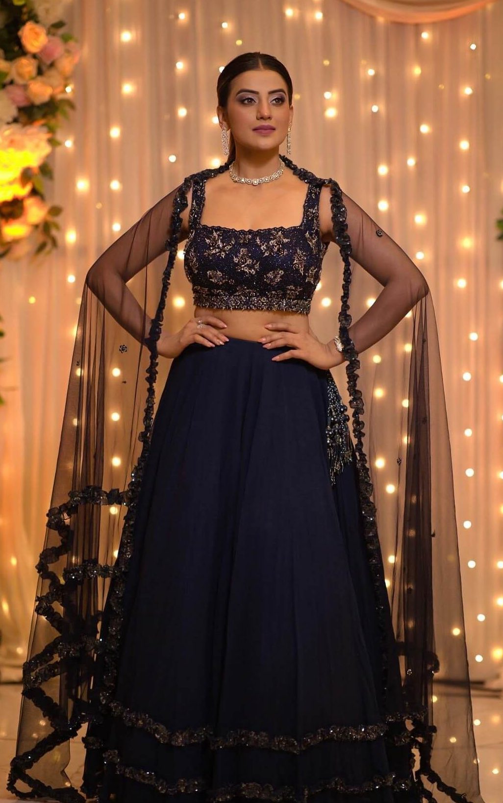 Gorgeous Akshara Singh Aces In Dark Blue Lehenga With Embellished Sleeveless Blouse & Dupatta