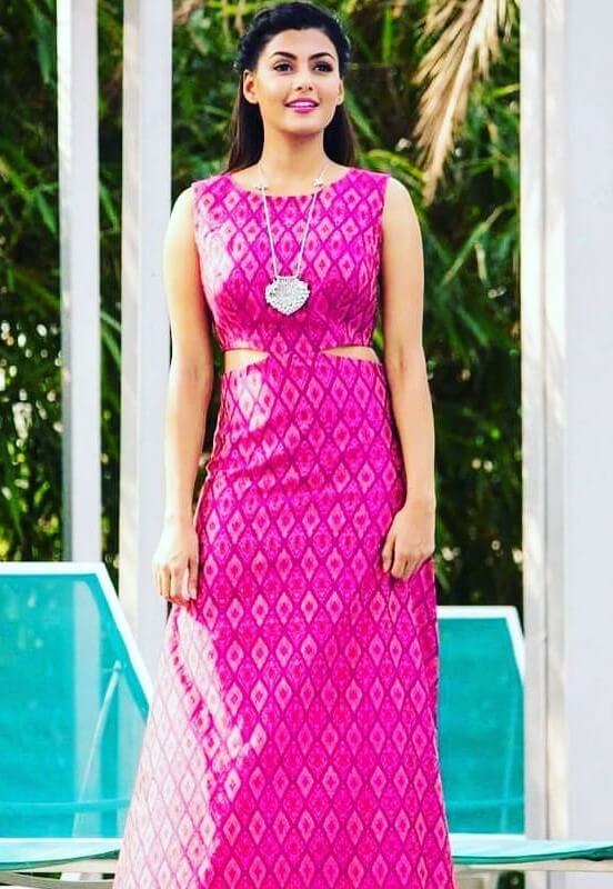 Gorgeous Anisha Ambrose In Pink Printed Sleeveless Cut Out Dress With Waterfall Braids Hairstyle