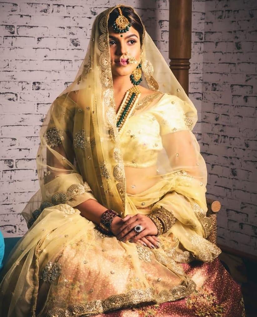 Gorgeous Pooja Devariya In Light Golden Embroidered Lehenga Set Paired With Pearl & Kundan Jewellery Perfect Subtle Bridal Look