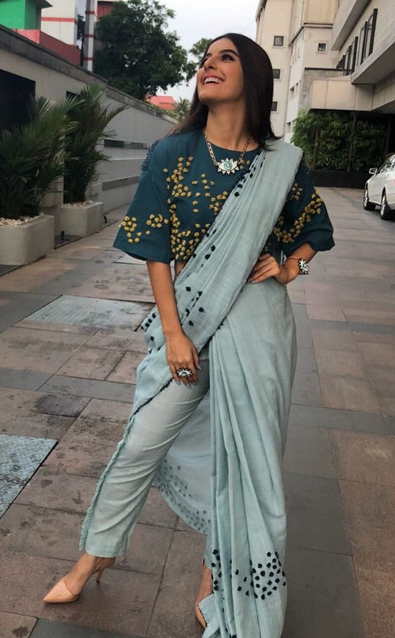 Isha Talwar Chic & Classy Look In Blue Cotton Saree Styled With Pants