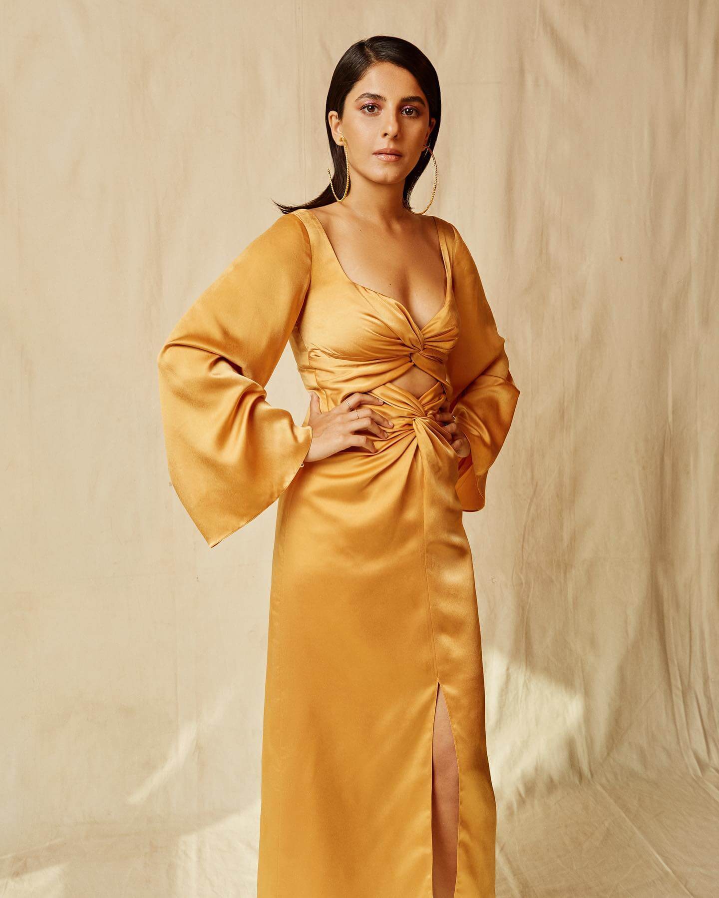 Isha Talwar In Yellow Satin Silk  Knot Cut Out Dress