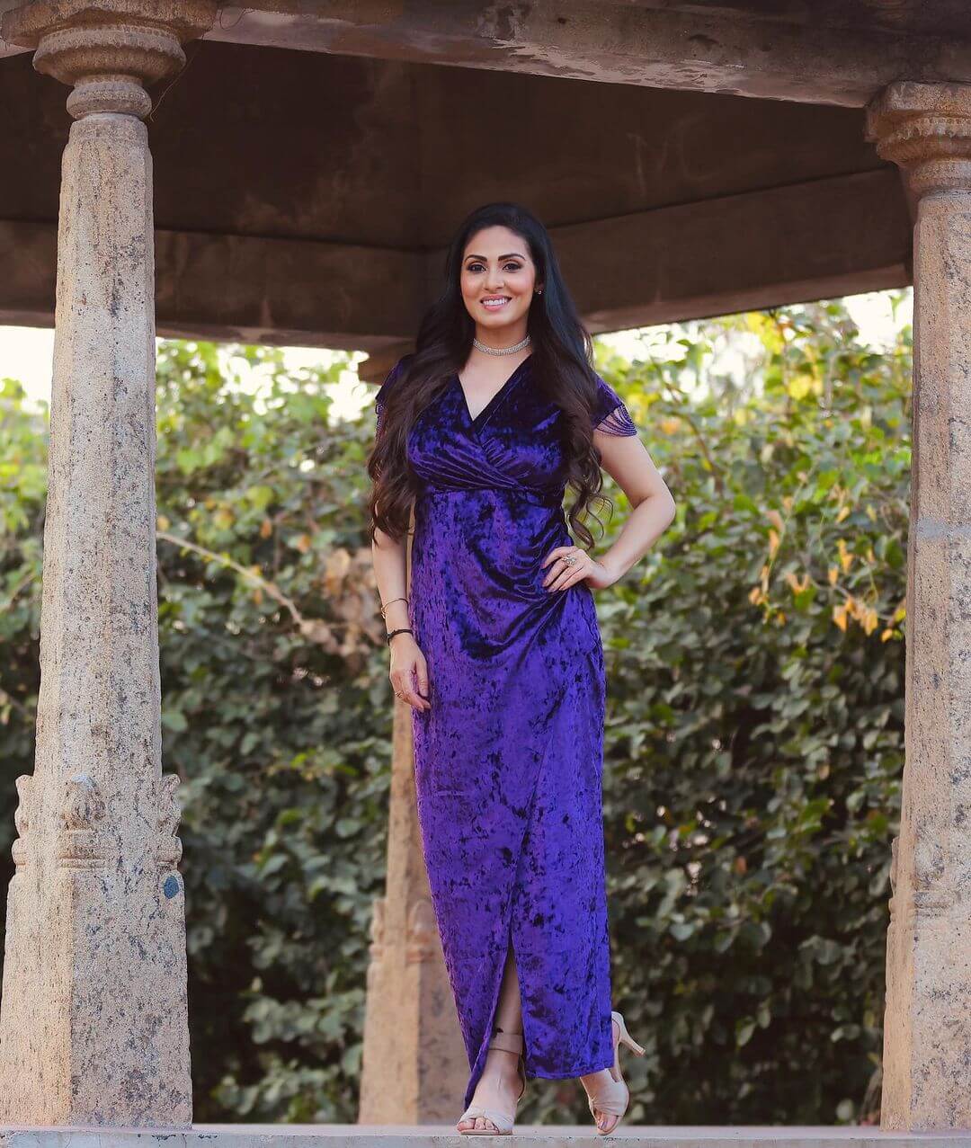 Jayam Fame Sadha In Voilet Long Velvet Dress With Silt Cut