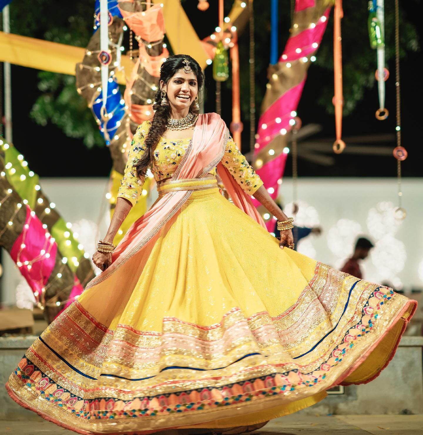 Kannum Kannum Kollaiyadithaal Fame Actress Niranjani Ahathian In Yellow & Blue Multicolour Lace Hemmed Lehenga Bottom With Embroidered Blouse Paired With Pink Dupatta & Yellow Waist Belt